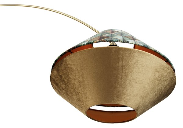 Mosiężna lampa łukowa z podwójnym aksamitnym abażurem z motywem liści i w kolorze beżowym - XXL