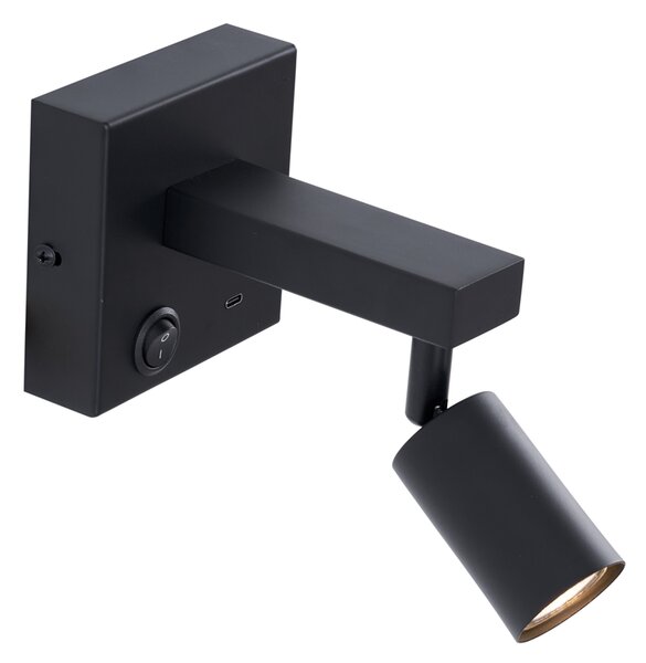 Nowoczesny czarny kinkiet z USB-C z możliwością regulacji nachylenia - Rex