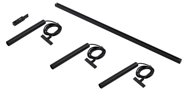 Nowoczesny system oświetlenia szynowego Slimline Keno z 3 czarnymi lampami wiszącymi 1-fazowymi