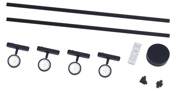 Nowoczesny system oświetlenia szynowego z 4 czarnymi reflektorami jednofazowymi - Magnetic Lance