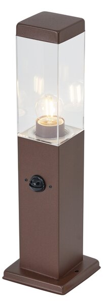 Lampa zewnętrzna rdzawobrązowa z przezroczystym szkłem 45 cm IP44 z gniazdem i czujnikiem ruchu - Malios