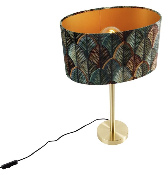 Lampa stołowa mosiężna z owalnym aksamitnym abażurem z motywem liści 35 cm - Simplo