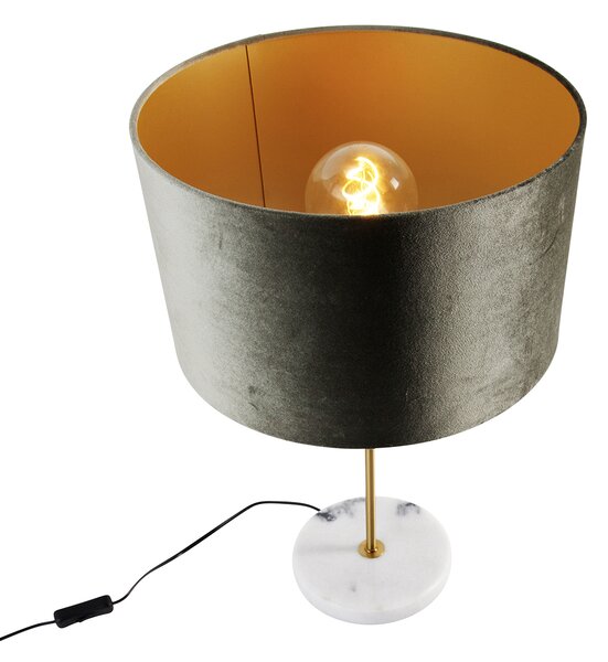 Lampa stołowa mosiężna z aksamitnym abażurem zielonym 35 cm - Kaso