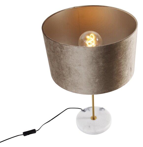Lampa stołowa mosiężna z aksamitnym abażurem taupe 35 cm - Kaso