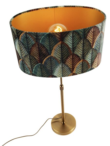 Lampa stołowa brązowa z owalnym aksamitnym abażurem z motywem liści 35 cm - Parte