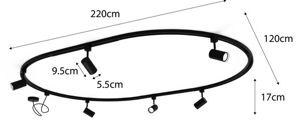 Nowoczesny system oświetlenia szynowego z 8 reflektorami białymi, 1-fazowy, owalny, 200 cm - Iconic Jeana