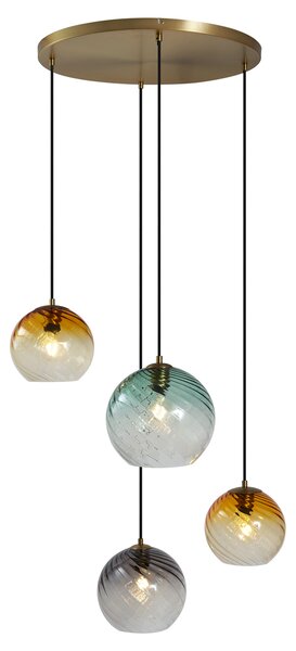 Lampa wisząca brązowa z dymionym bursztynowym i zielonym szkłem okrągła 4-punktowa - Bao