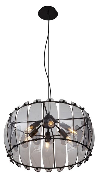 Designerska lampa wisząca czarna z okrągłym przydymionym szkłem, 6-punktowa - Mochan