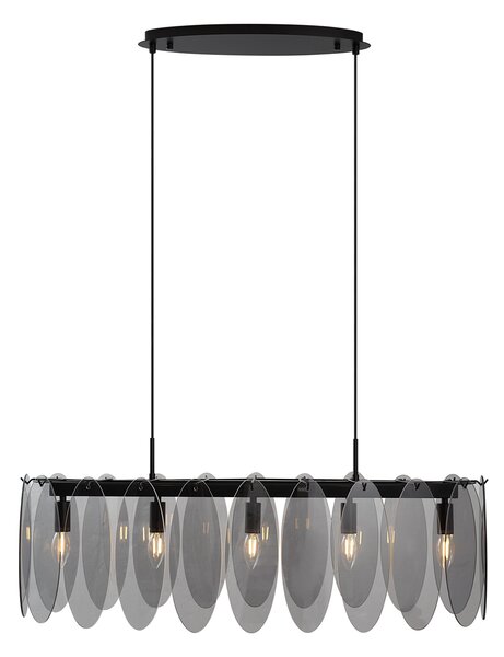 Designerska lampa wisząca czarna z dymionym szkłem owalna 5-punktowa - Mochan