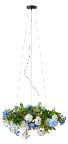 Bohemska lampa wisząca czarna z kolorowymi kwiatami niebiesko-białymi - Flower Power