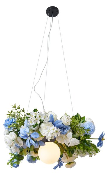 Bohemska lampa wisząca czarna z kolorowymi kwiatami niebiesko-białymi - Flower Power