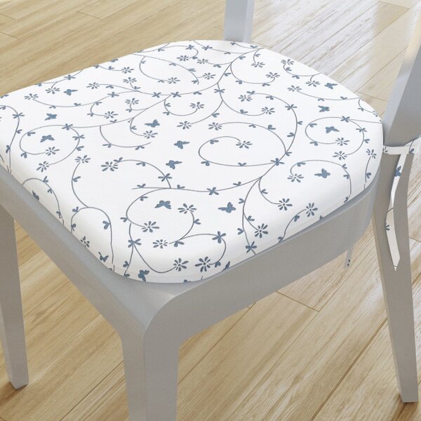 Goldea zaokrąglona poduszka na krzesło 39x37 cm - niebiesko-szare kwiatki i motylki na białym 39 x 37 cm