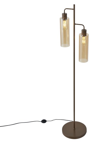Lampa podłogowa w stylu Hotel Chic ciemny brąz z bursztynowym szkłem 2-źródła światła - Stavelot