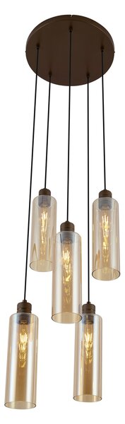 Lampa wisząca w stylu hotelowym, ciemny brąz z bursztynowym szkłem, 5-punktowa - Stavelot