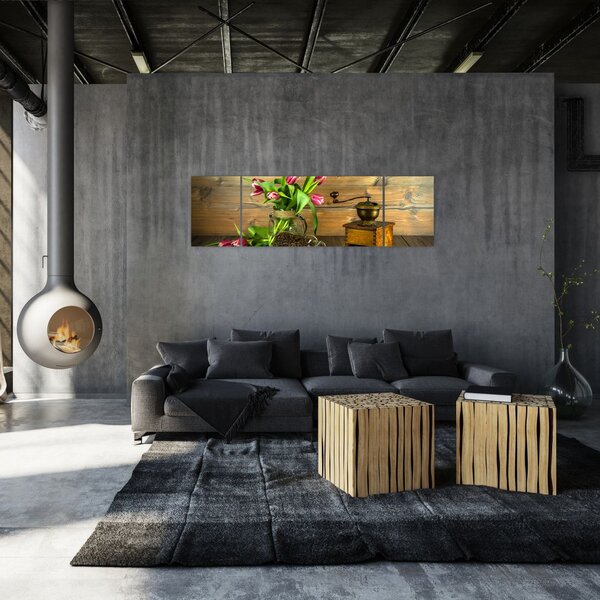 Obraz - tulipany, młynek i kawa (170x50 cm)