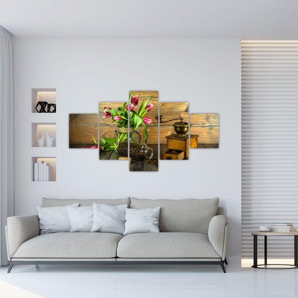 Obraz - tulipany, młynek i kawa (125x70 cm)