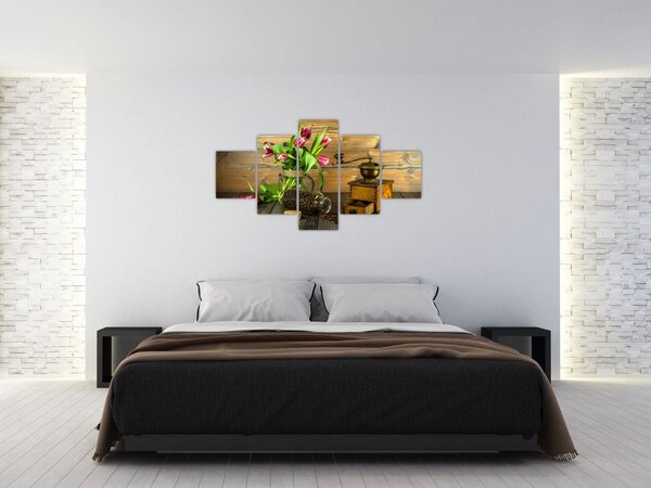 Obraz - tulipany, młynek i kawa (125x70 cm)