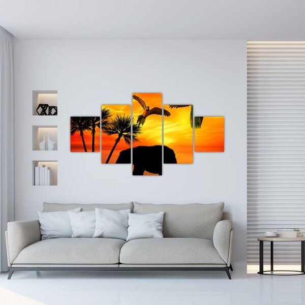 Obraz - papugi i słonie (125x70 cm)