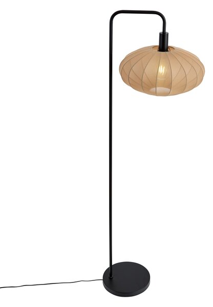 Lampa podłogowa Japandi czarna z brązowym materiałowym abażurem - Bida