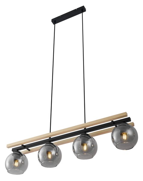 Nowoczesna lampa wisząca czarna z drewnem i przydymionym szkłem 4-źródła światła - Aleks