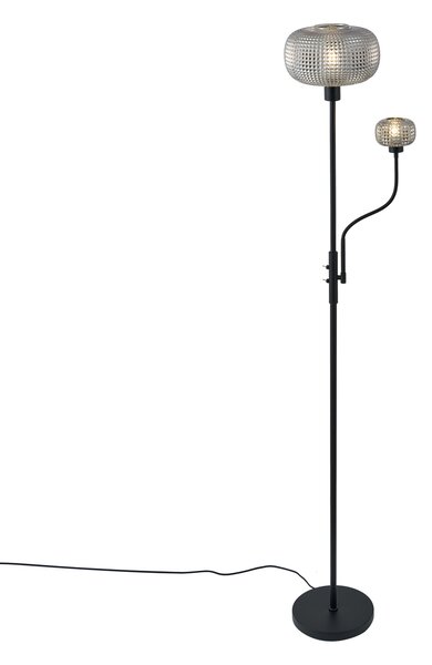 Designerska lampa podłogowa czarna z przydymionym szkłem 2-źródła światła - Brianna