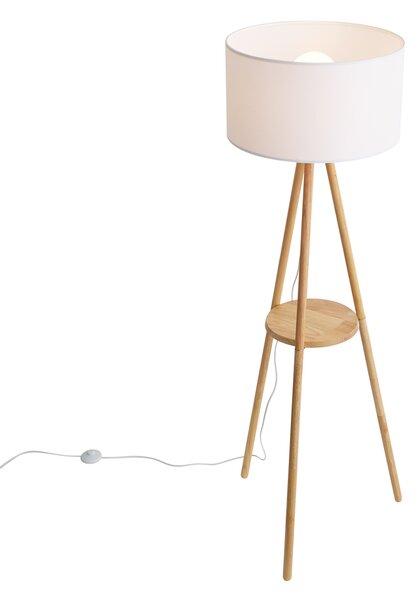 Skandynawska lampa podłogowa drewniana z białym materiałowym abażurem - Lou