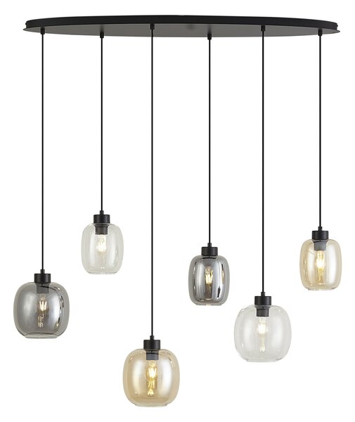 Lampa wisząca czarna z bursztynowym, przydymionym i przezroczystym szkłem, 6-punktowa - Elena