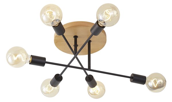 Lampa sufitowa Art Deco czarna z drewnem 6-punktowa - Sydney