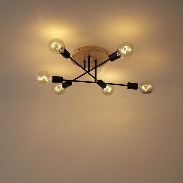 Lampa sufitowa Art Deco czarna z drewnem 6-punktowa - Sydney