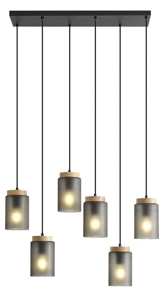 Nowoczesna lampa wisząca czarna z drewnem i matowym szarym szkłem 6-punktowa - Umbra