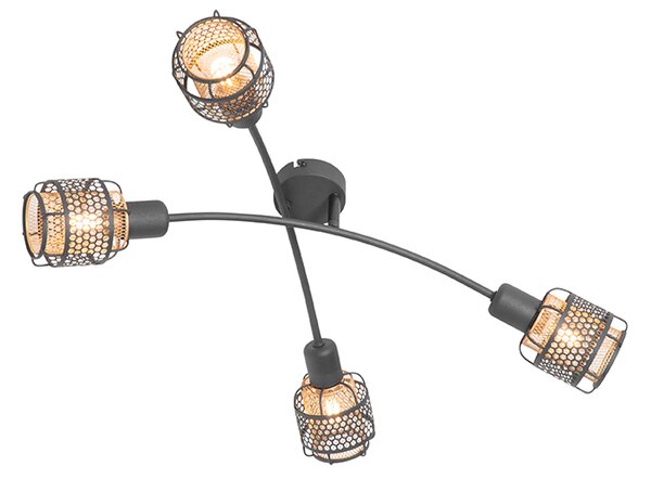 Designerska lampa sufitowa czarna ze złotem 4-światłowa - Noud
