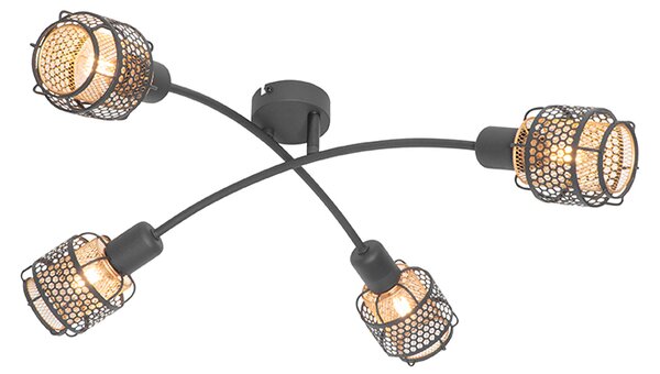Designerska lampa sufitowa czarna ze złotem 4-światłowa - Noud