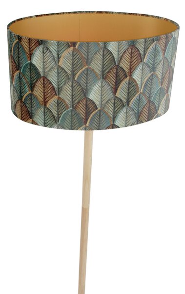 Drewniana lampa podłogowa z owalnym, aksamitnym abażurem z motywem liści, 50 cm - Mels