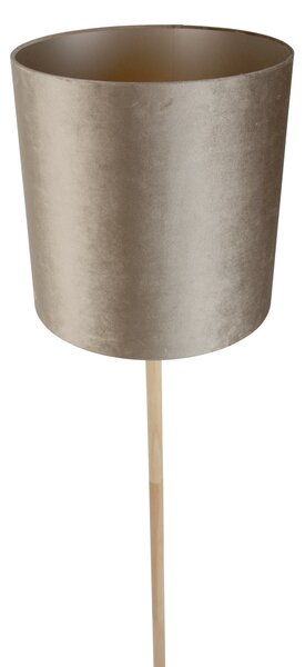 Drewniana lampa podłogowa z aksamitnym abażurem w kolorze taupe 40 cm - Mels