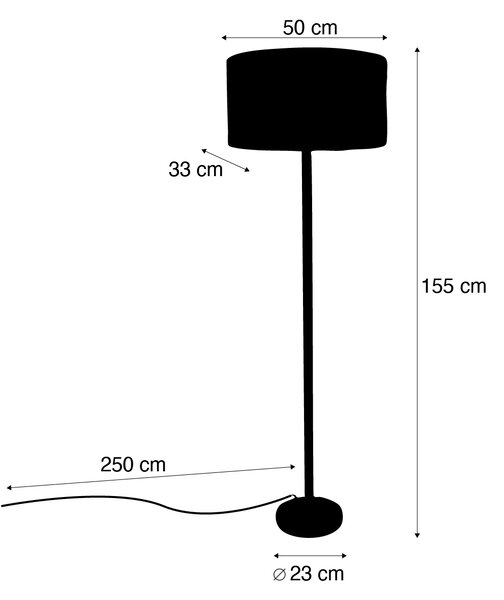 Drewniana lampa podłogowa z owalnym, aksamitnym abażurem z motywem liści, 50 cm - Mels