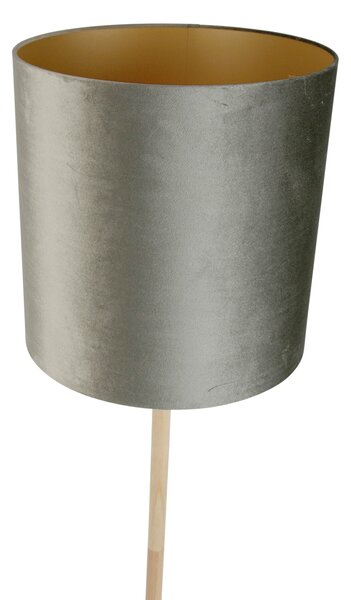 Drewniana lampa podłogowa z zielonym aksamitnym abażurem 40 cm - Mels