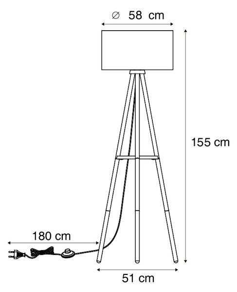 Drewniana lampa podłogowa na trójnogu z białym i beżowym abażurem w paski 50 cm - Lou