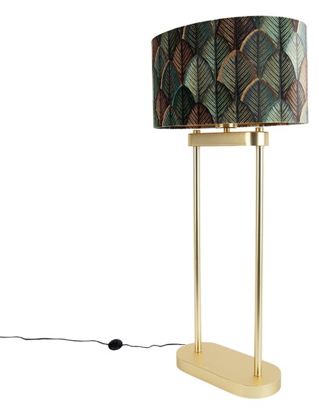 Mosiężna lampa podłogowa z owalnym abażurem z motywem liści i złotym wnętrzem 35 cm - Thijmen
