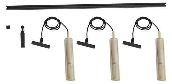 Nowoczesny system szynowy czarny z 3 lampami wiszącymi złoty z bursztynowym szkłem 1-fazowy - Slimline Loyce