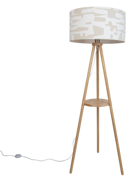 Drewniana lampa podłogowa na trójnogu z białym i beżowym abażurem w paski 50 cm - Lou