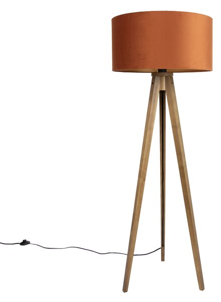 Drewniana lampa podłogowa z pomarańczowym kloszem i złotym wnętrzem 50 cm - Tripod Classic