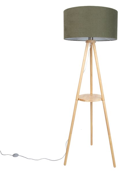 Drewniana lampa podłogowa na trójnogu z zielonym abażurem 50 cm - Lou