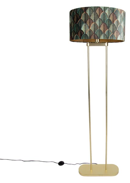 Mosiężna lampa podłogowa z owalnym kloszem z motywem liści i złotym wnętrzem 50 cm - Thijmen
