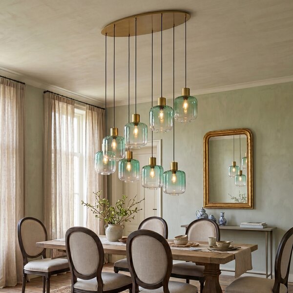 Lampa wisząca w stylu Hotel Chic mosiężna z niebiesko-zielonym szkłem 8-punktowa - Qara