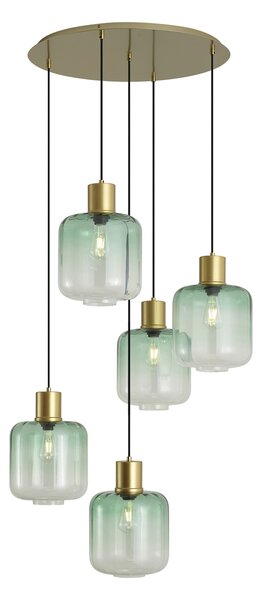 Lampa wisząca w stylu Hotel Chic, mosiądz z niebiesko-zielonym szkłem, 5-punktowa - Qara
