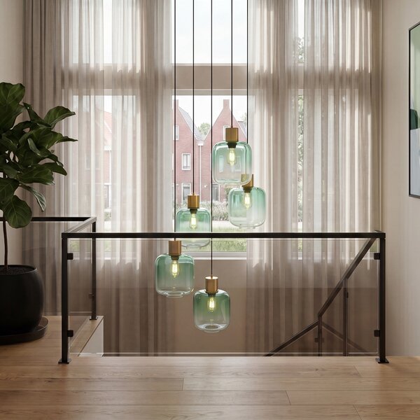 Lampa wisząca w stylu Hotel Chic, mosiądz z niebiesko-zielonym szkłem, 5-punktowa - Qara