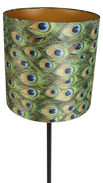 Lampa stojąca czarna z abażurem z weluru w kolorze pawia złoto 40 cm - Simplo