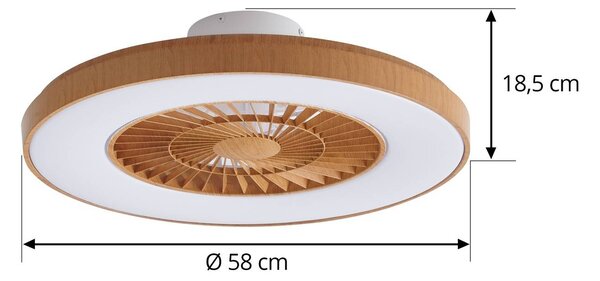 Wentylator sufitowy LED Teleo, Ø 58 cm, kolor drewna, CCT Teleo Lindby, możliwość ściemniania, jasne drewno, salon / jadalnia, tworzywo sztuczne, nowoczesny