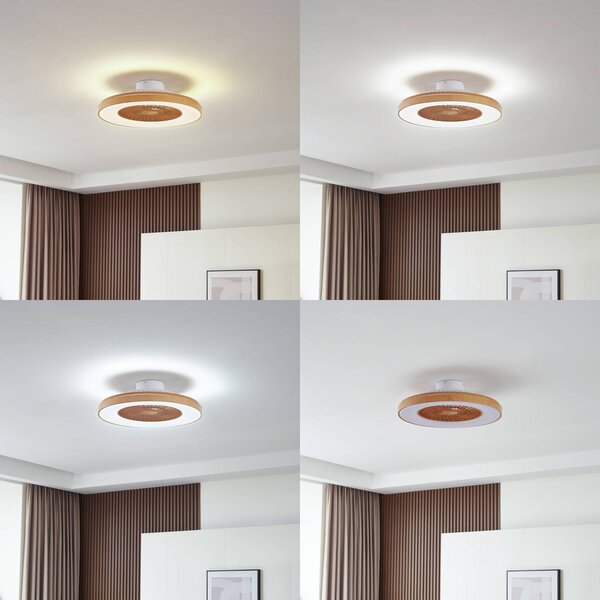 Wentylator sufitowy LED Teleo, Ø 58 cm, kolor drewna, CCT Teleo Lindby, możliwość ściemniania, jasne drewno, salon / jadalnia, tworzywo sztuczne, nowoczesny