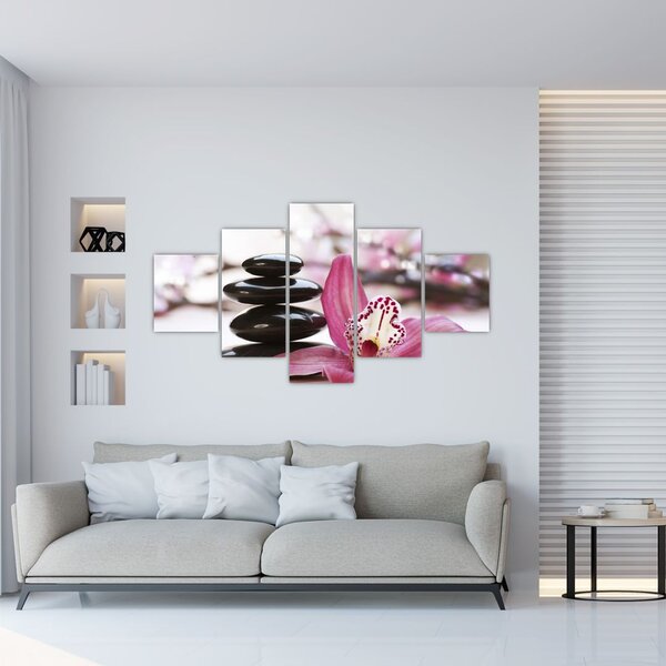 Obraz kamieni do masażu i storczyków (125x70 cm)